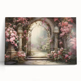 Stretched canvas artwork showcasing a serene landscape with lush gardens, vibrant flowers, and blue skies, perfect for home decor or office settings.