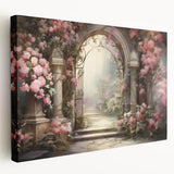Stretched canvas artwork showcasing a vibrant landscape garden design, featuring rich greens and floral accents, perfect for home decor enhancement.