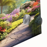 Close-up of a vibrant acrylic glass wall art piece showcasing a lush garden landscape design, featuring vivid colors and intricate details, ideal for modern home decor.