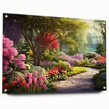 Acrylic wall art collection showcasing a vibrant landscape and garden design, displayed in a sleek frame with visible pushpins, perfect for modern decor enthusiasts.