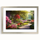 Elegant silver-framed wall art collection showcasing serene landscapes and garden designs, complete with a white mat, perfect for enhancing home decor aesthetics.