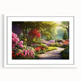 Framed wall art collection showcasing vibrant landscape garden designs, featuring a white mat and sleek frame, perfect for enhancing home decor with nature-inspired aesthetics.