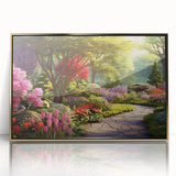 Framed acrylic wall art featuring a vibrant landscape garden design with gold accents, showcasing a serene outdoor scene perfect for home decor.