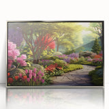 Framed acrylic wall art featuring a beautiful garden landscape design with vibrant colors and intricate details, showcased in a sleek silver frame, perfect for home decor.