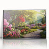 Framed acrylic wall art collection showcasing serene garden landscapes, featuring vibrant greenery and colorful flowers, set against a sleek white background.