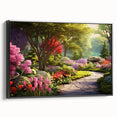 Framed canvas wall art showcasing a vibrant landscape and garden design, featuring rich colors and intricate details, set against a sleek black frame for a modern touch.