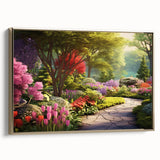 Framed canvas artwork depicting a serene landscape garden design with vibrant colors and gold accents, ideal for enhancing modern home decor.