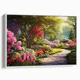 Framed canvas wall art showcasing a vibrant landscape garden design, featuring lush greenery and colorful flowers, ideal for home decor enhancement.