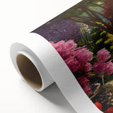 Vibrant rolled canvas art showcasing a colorful landscape design with lush gardens, perfect for home decor, presented in a durable cardboard tube for protection.