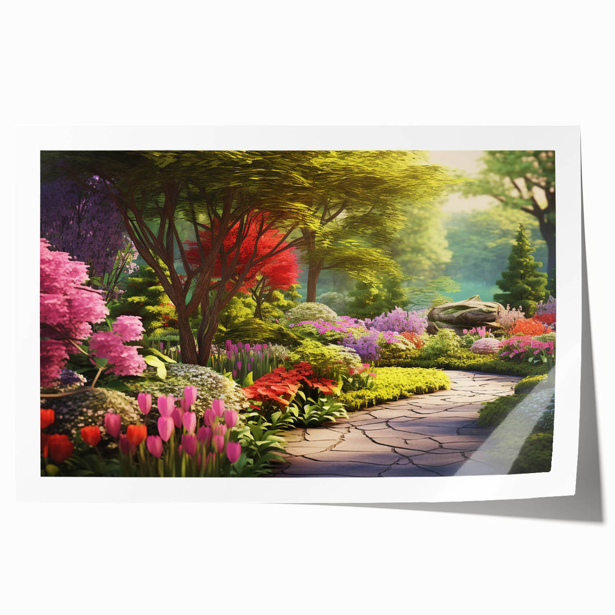 Rolled print showcasing a vibrant landscape garden design, featuring lush greenery and colorful flowers, ideal for home or office decor. Packaged in a protective cardboard tube for safe shipping.