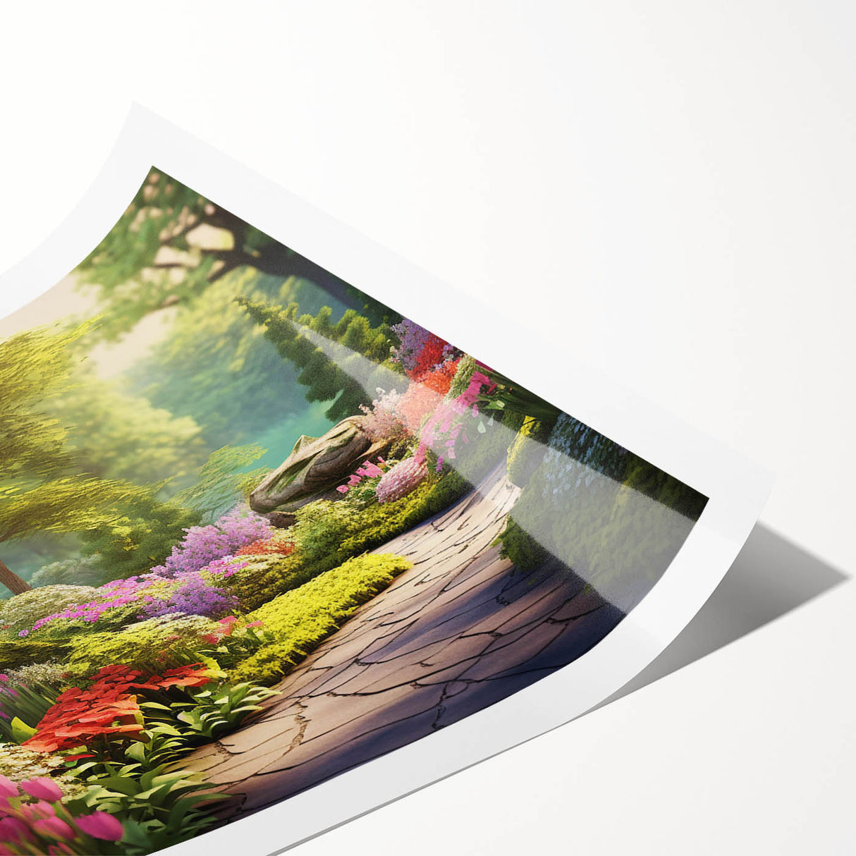 Vibrant rolled print featuring a serene landscape garden design, showcasing lush greenery and colorful flowers, ideal for home decor or art lovers.