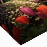Close-up of a stretched canvas wall art piece showcasing a vibrant landscape garden design, featuring lush greenery and colorful flowers, perfect for home decor.