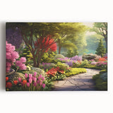 Stretched canvas wall art showcasing vibrant landscape garden designs with lush greenery and colorful floral elements, ideal for home decor and aesthetic enhancement.
