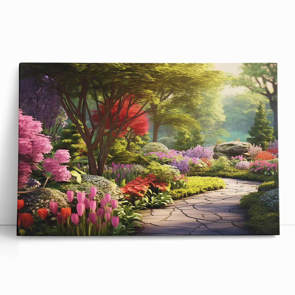 Vibrant stretched canvas artwork showcasing a serene garden landscape with lush greenery and colorful flowers, perfect for home decor and interior design inspiration.