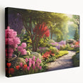 Stretched canvas wall art showcasing a vibrant landscape garden design, featuring lush greenery and colorful flowers, ideal for home decor enthusiasts.