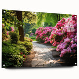 Acrylic glass wall art featuring a stunning landscape garden design, showcasing vibrant colors and intricate details, displayed from a side view with mounting pins.