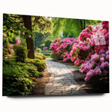 Acrylic glass artwork showcasing a vibrant landscape garden design, displayed from a side view, highlighting intricate details and colors, perfect for home decor.
