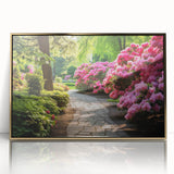 Framed acrylic wall art collection showcasing a vibrant landscape garden design with gold accents, perfect for modern home decor and artistic expression.