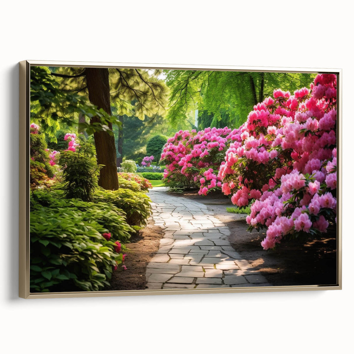 Framed wall art collection featuring a stunning landscape garden design with vibrant colors and gold accents, displayed from a side view, perfect for home decor.