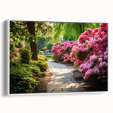 Framed canvas wall art showcasing a serene landscape garden design in vibrant colors, set against a white background, perfect for home decor.