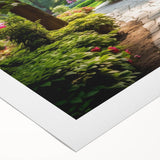 Vibrant rolled canvas featuring a stunning landscape garden design, showcasing lush greenery and colorful blooms, ideal for enhancing home decor.