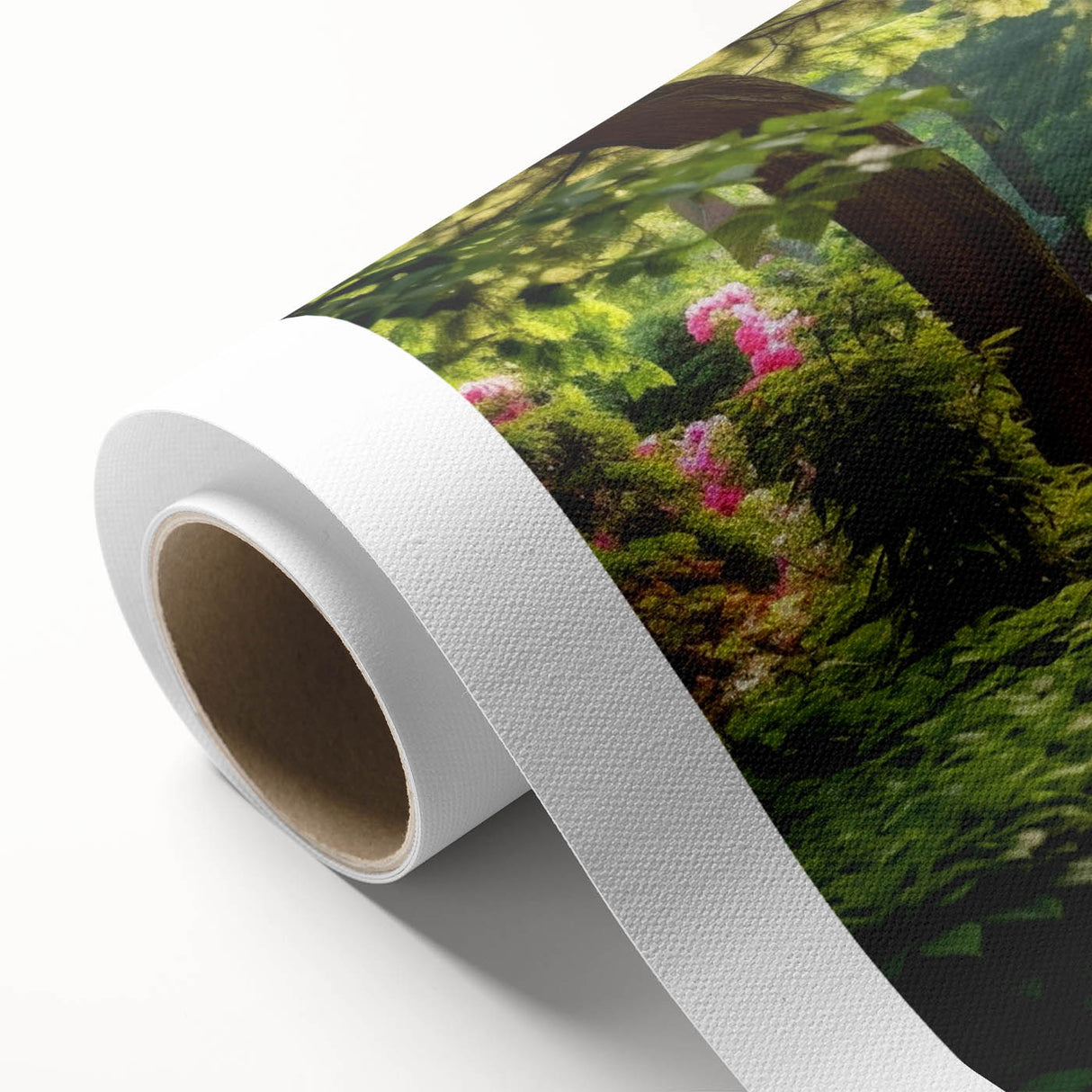 Rolled canvas showcasing a vibrant landscape garden design with rich colors and intricate details, ideal for home decor and artistic interiors.