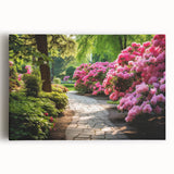 Stretched canvas wall art showcasing a vibrant garden landscape design with lush greenery and colorful flowers, perfect for home decor and interior design enthusiasts.
