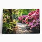 Stretched canvas wall art showcasing a vibrant landscape garden design, featuring rich greens and soft pastel hues, ideal for enhancing home decor aesthetics.