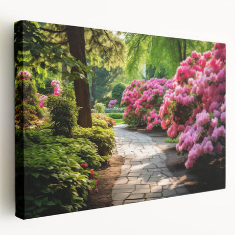 Stretched canvas wall art showcasing a vibrant landscape garden design with lush greenery and colorful blooms, perfect for home decor or office enhancement.