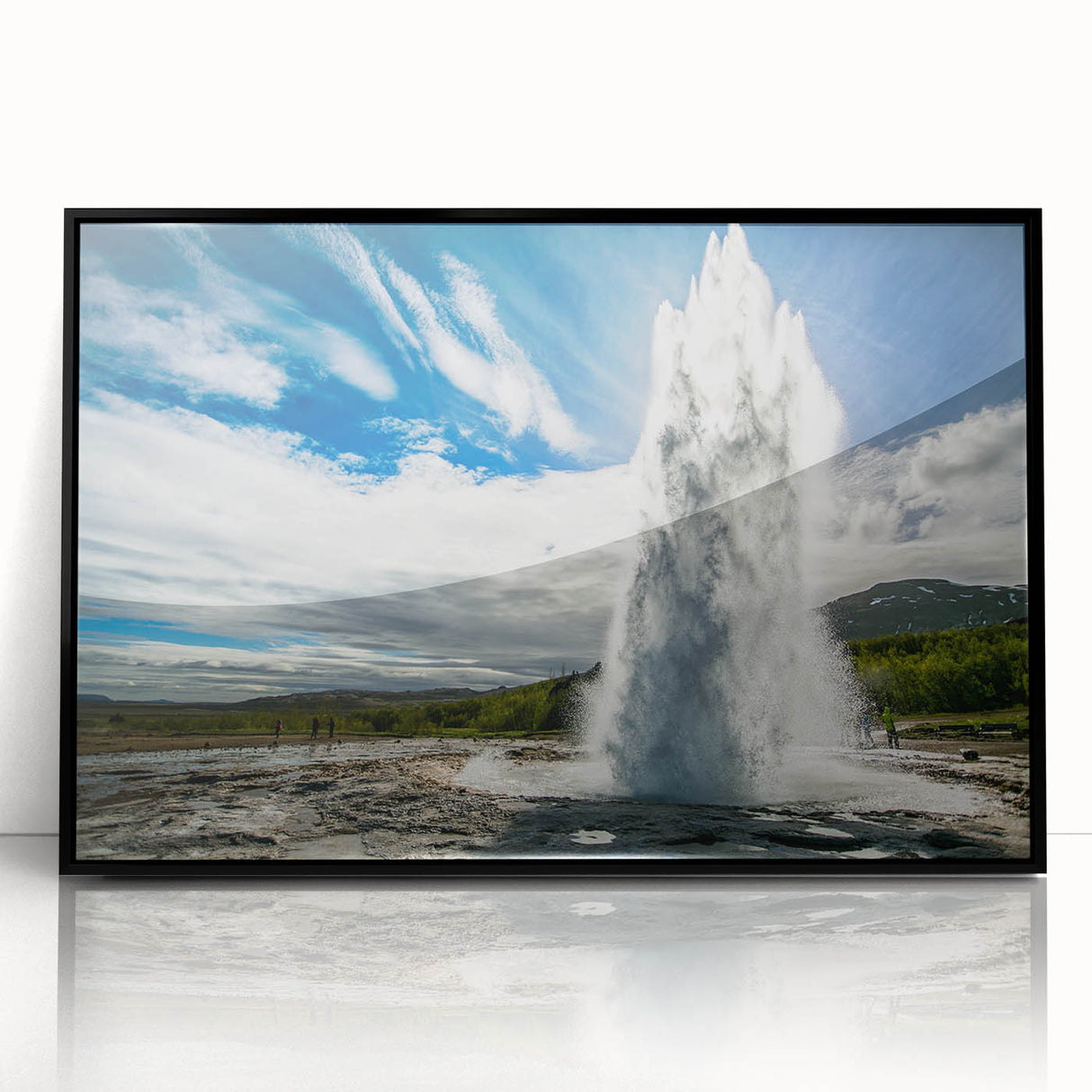 Framed acrylic wall art featuring a vibrant geyser landscape design with a black border, ideal for modern home decor, showcasing natural beauty and artistic flair.