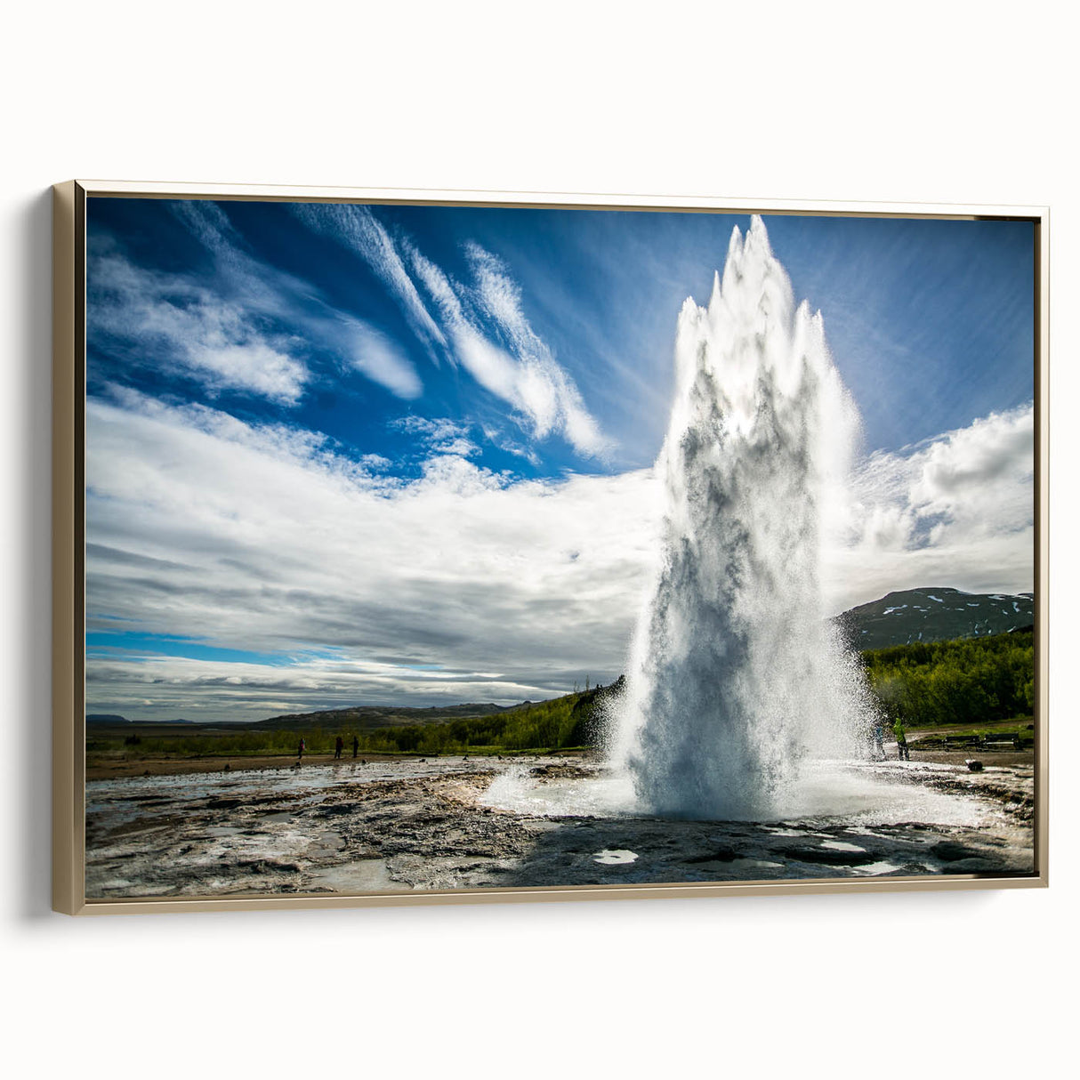Framed canvas wall art featuring a geyser design with golden accents, showcasing a vibrant landscape and intricate details, perfect for modern home decor.
