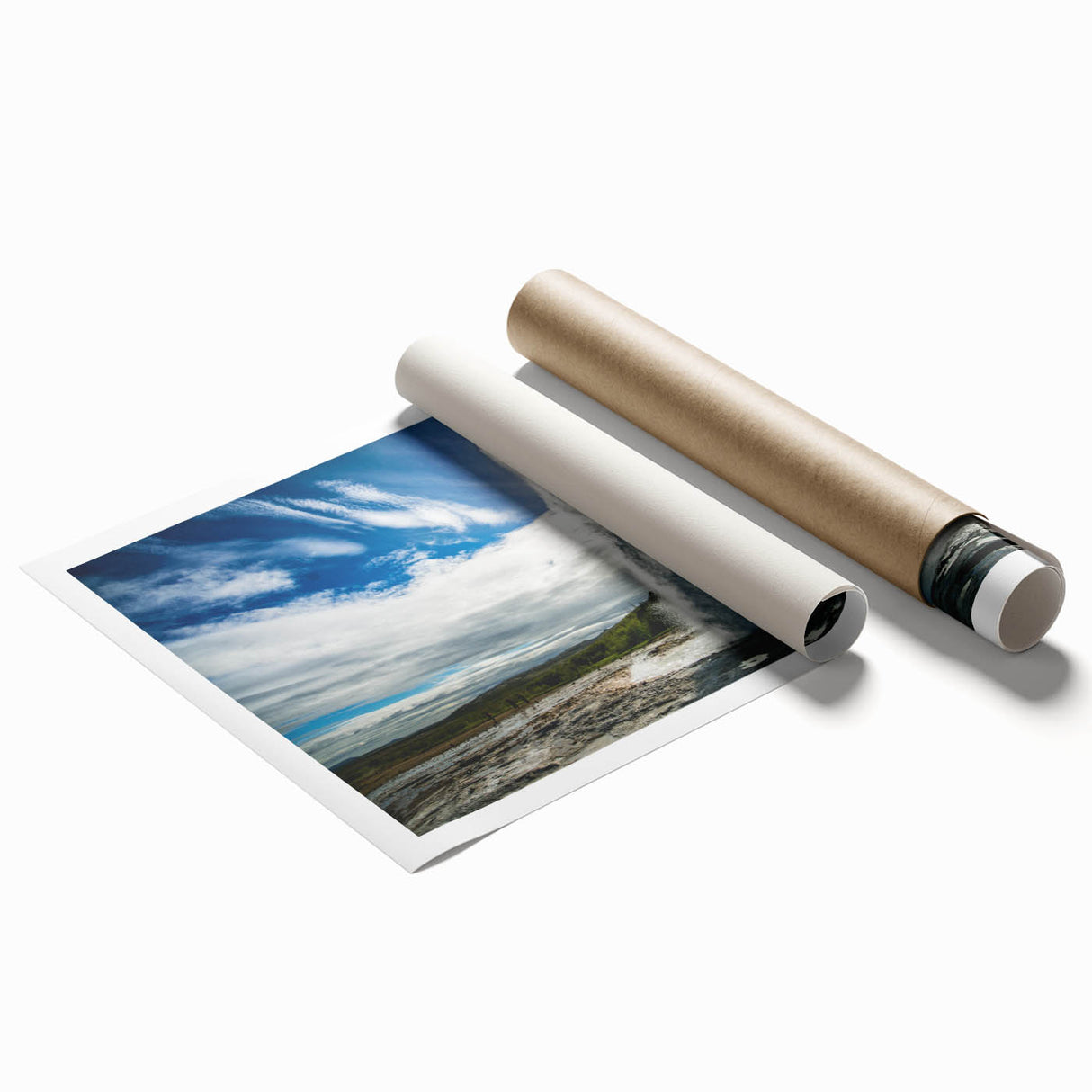 Vibrant rolled print showcasing a modern geyser landscape design, featuring bold colors and intricate details, ideal for home decor and art enthusiasts.