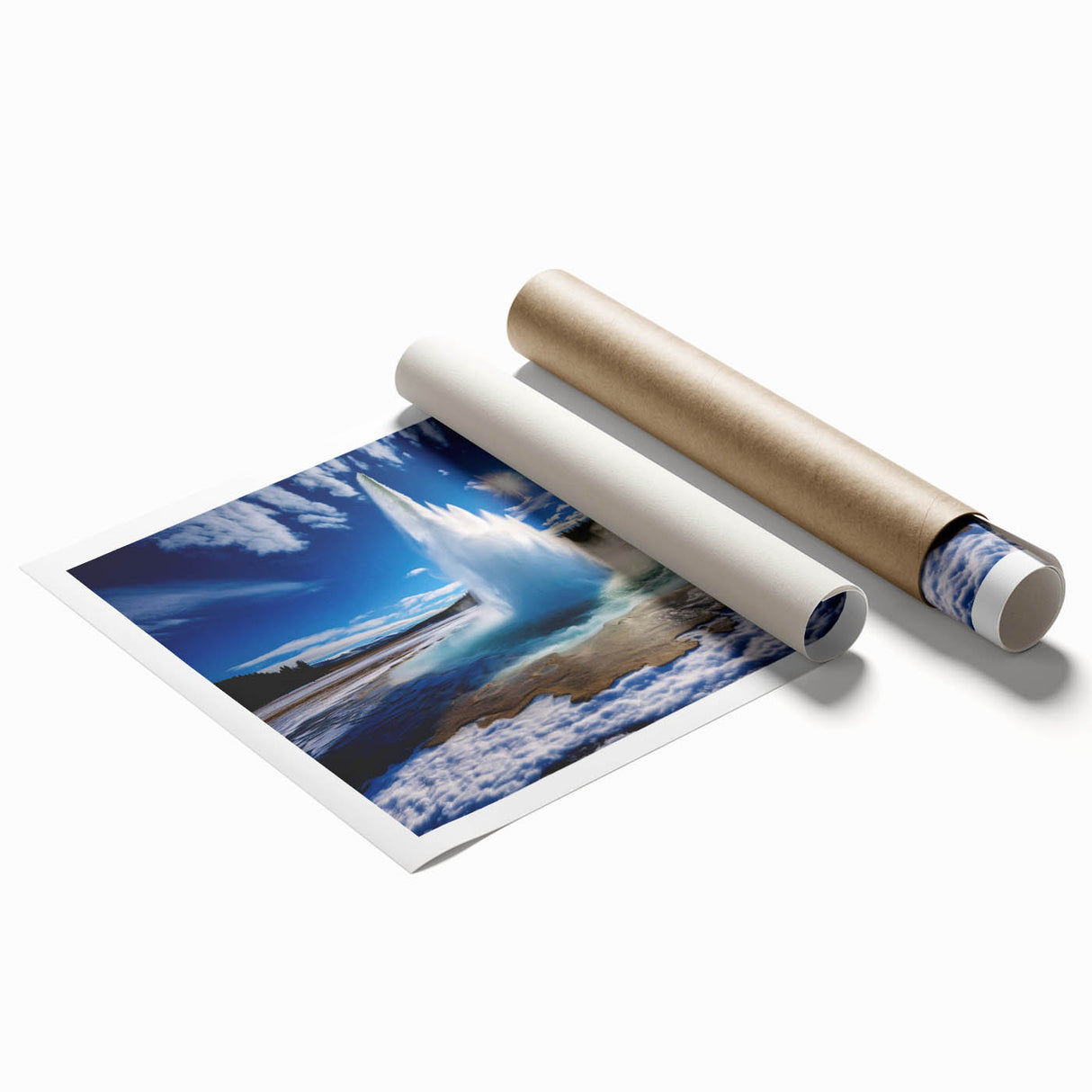 Vibrant rolled print showcasing a stunning geyser landscape design, featuring rich colors and intricate details, ideal for home decor and art enthusiasts. Packaged securely in a cardboard tube for easy shipping and display.