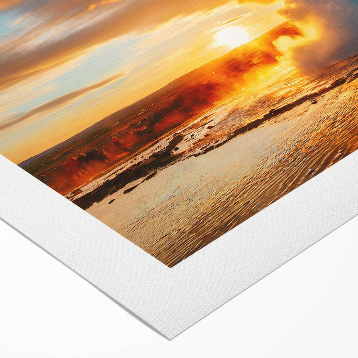Rolled canvas artwork showcasing a vibrant geyser landscape design, featuring rich colors and intricate details, perfect for home decor enthusiasts and art collectors.