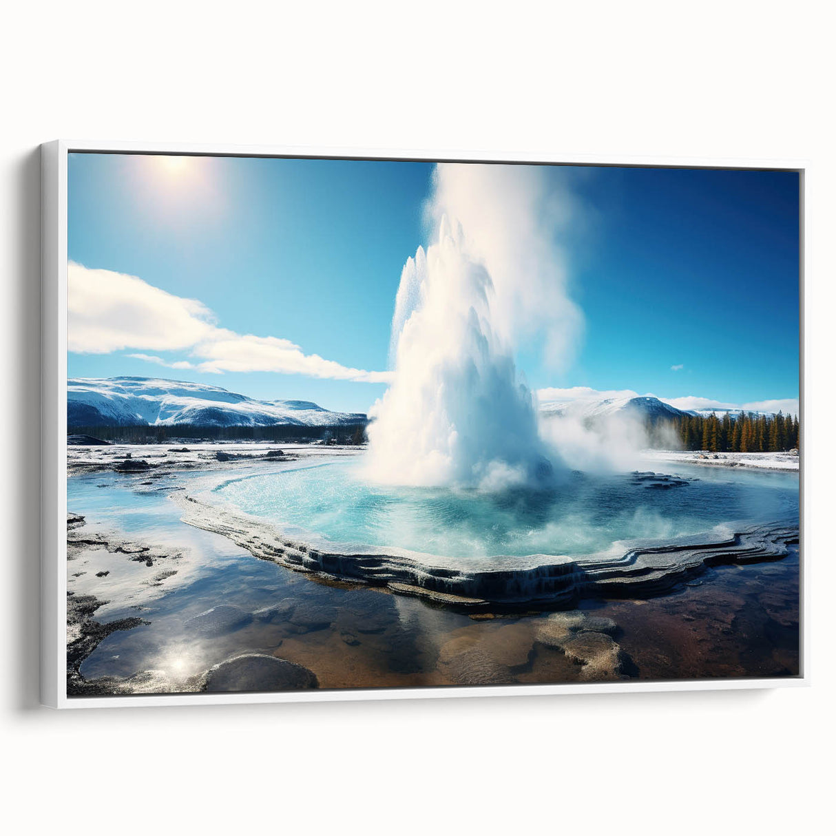 Framed canvas wall art showcasing a vibrant geyser landscape design in a white frame, ideal for home decor with a contemporary touch, enhancing any room's ambiance.