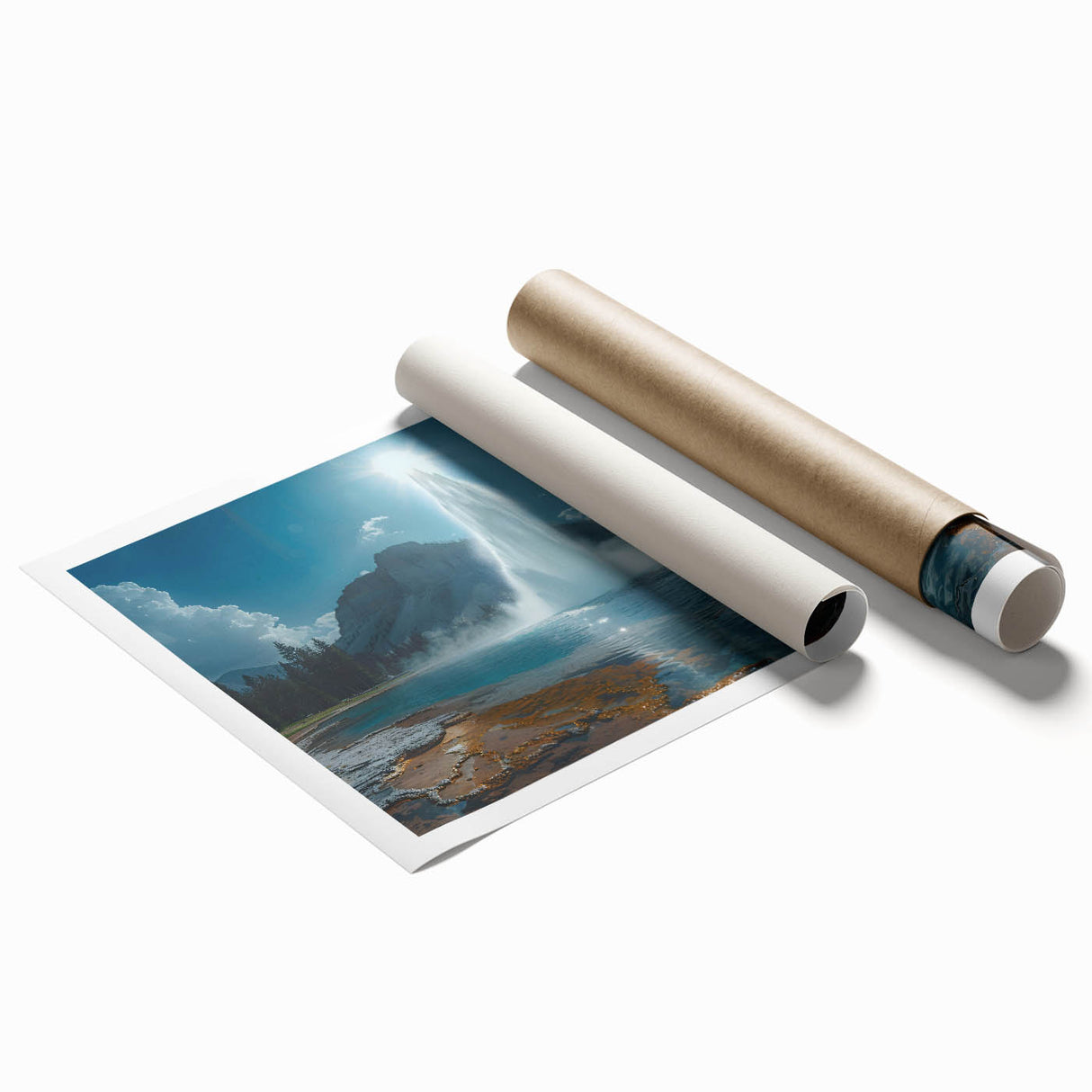 Vibrant rolled wall art print featuring a stunning geyser landscape design, showcasing rich colors and intricate textures, perfect for home decor enthusiasts.