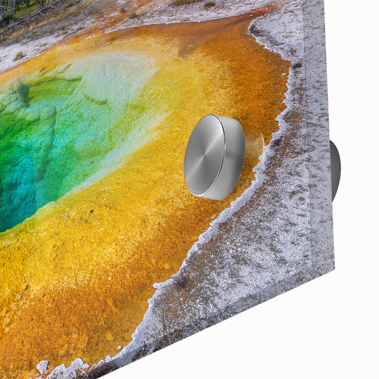 Close-up of a vibrant acrylic glass wall art piece showcasing a stunning geyser landscape design, emphasizing rich colors and intricate details, perfect for modern decor.
