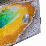 Close-up of a vibrant acrylic glass wall art piece showcasing a stunning geyser landscape design, emphasizing rich colors and intricate details, perfect for modern decor.
