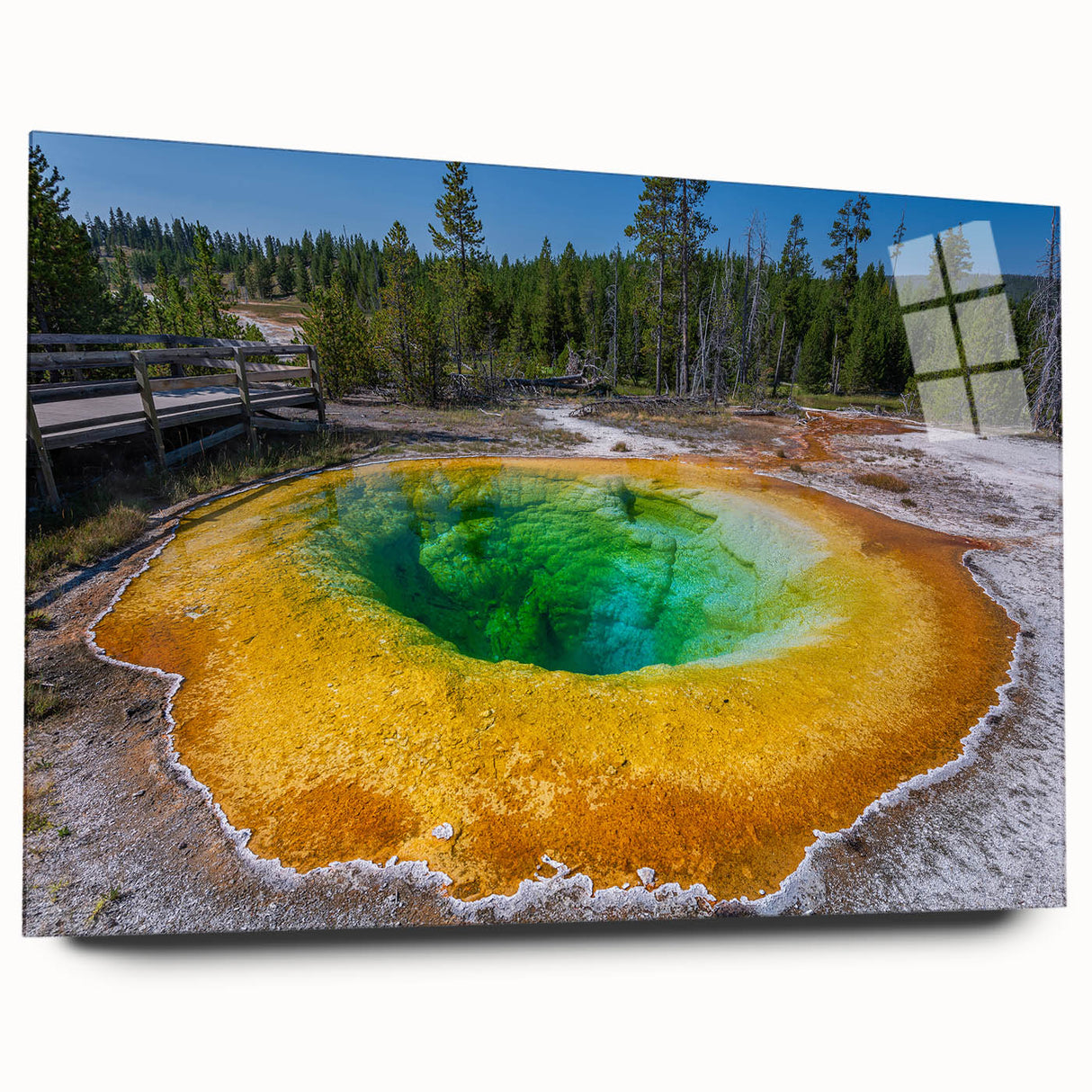 Acrylic glass wall art piece showcasing a vibrant geyser landscape design, featuring colorful textures and rich detail, perfect for modern home decor.