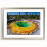 Framed wall art featuring a geyser landscape design in silver frame, showcasing vibrant colors and intricate details, perfect for home decor enhancement.