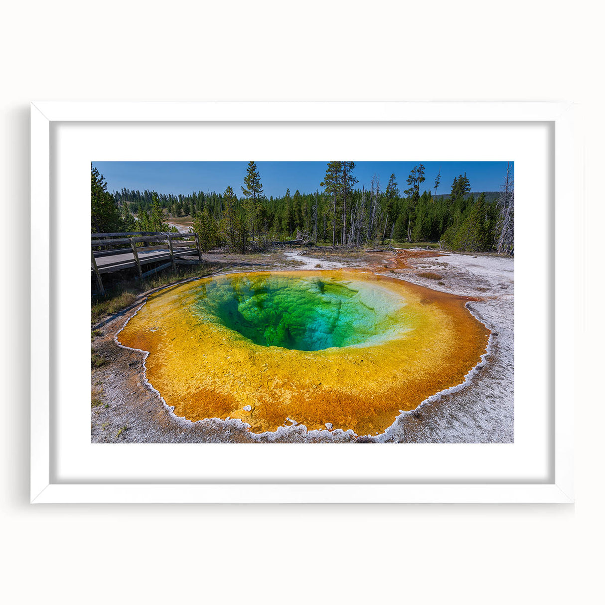 Geyser design wall art collection framed with a white mat, showcasing vibrant landscapes and natural beauty, perfect for modern home decor.