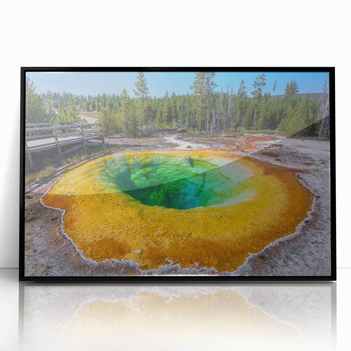 Framed acrylic wall art showcasing a vibrant geyser design, featuring bold colors and intricate details, perfect for enhancing modern home decor.
