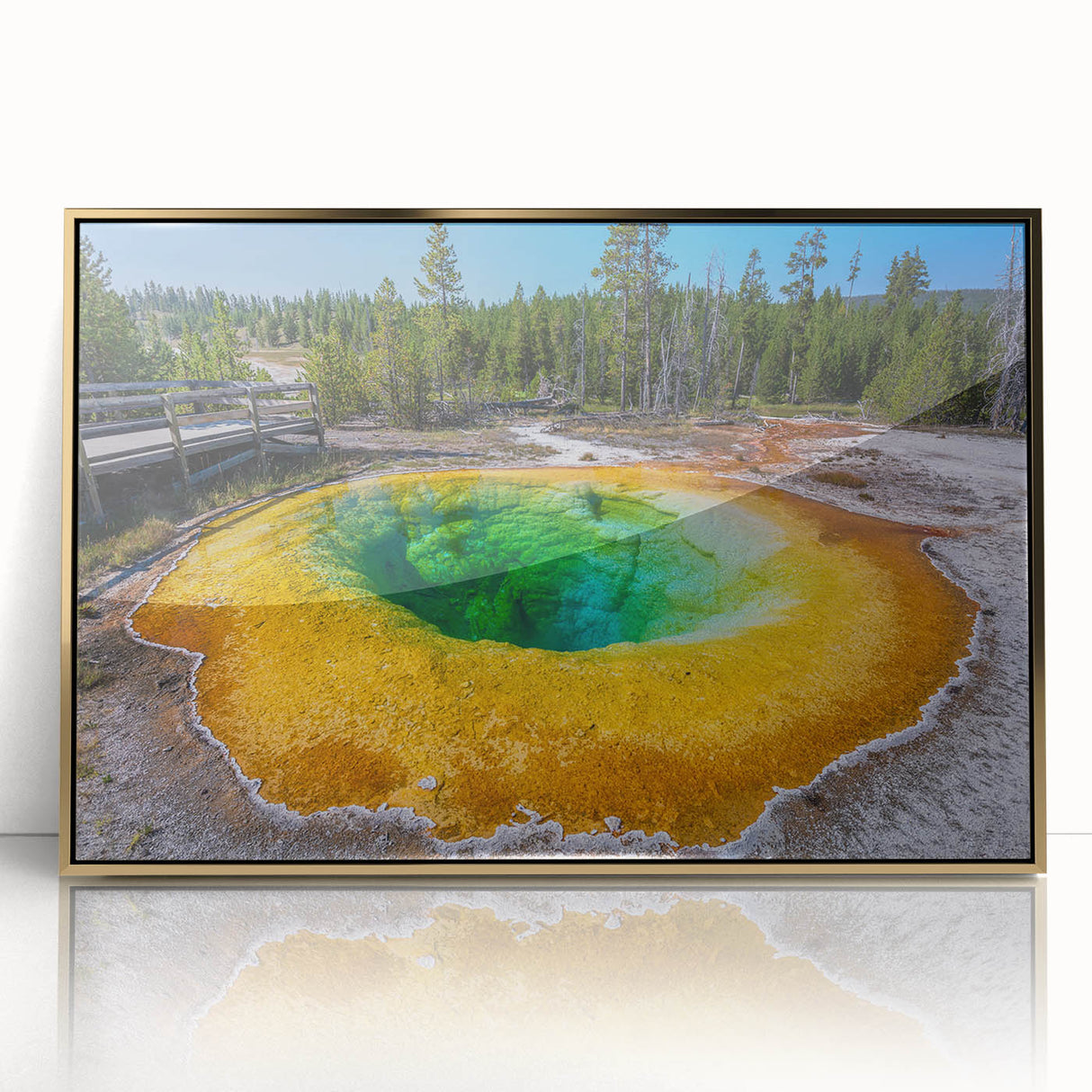 Framed acrylic wall art featuring a golden geyser design, showcasing vibrant colors and intricate details, perfect for enhancing modern home decor.