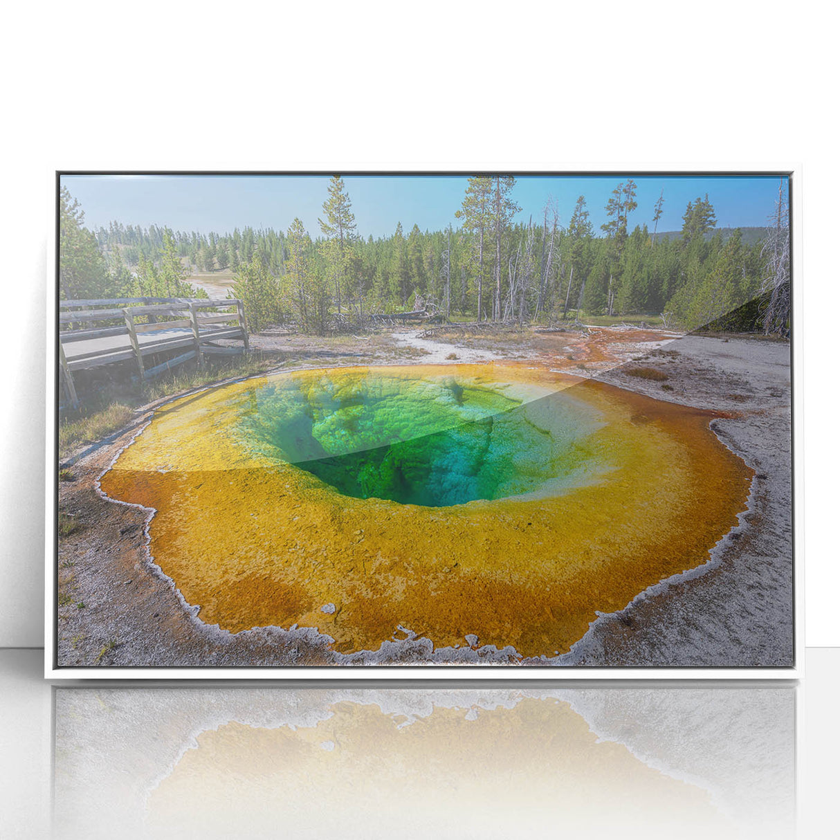 Framed acrylic wall art showcasing a stunning geyser landscape design, featuring vibrant colors and intricate details, ideal for home decor and art enthusiasts.