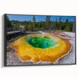 Framed wall art showcasing a geyser landscape design in a black frame, highlighting vibrant colors and intricate details, perfect for modern home decor.
