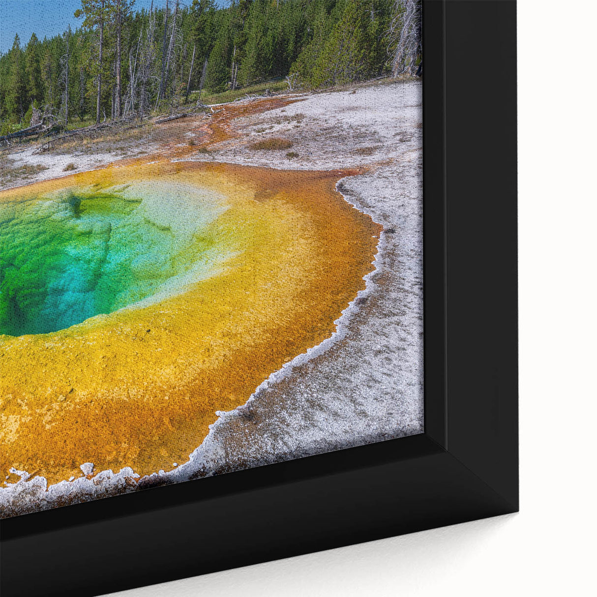 Framed canvas close-up of a colorful geyser landscape art piece, showcasing vibrant hues and intricate details, perfect for enhancing home decor. Ideal for nature lovers and art enthusiasts looking to add a striking focal point to their living space.