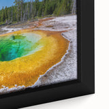 Framed canvas close-up of a colorful geyser landscape art piece, showcasing vibrant hues and intricate details, perfect for enhancing home decor. Ideal for nature lovers and art enthusiasts looking to add a striking focal point to their living space.