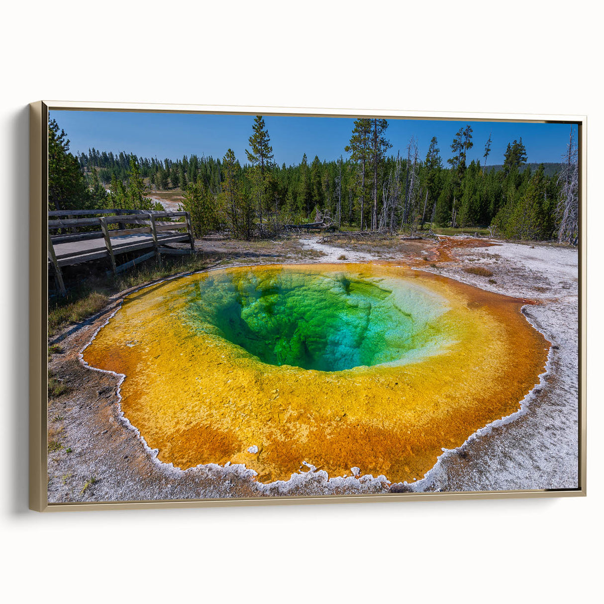 Framed canvas wall art showcasing a stunning geyser landscape design with vibrant gold accents, ideal for enhancing modern home decor in living spaces.