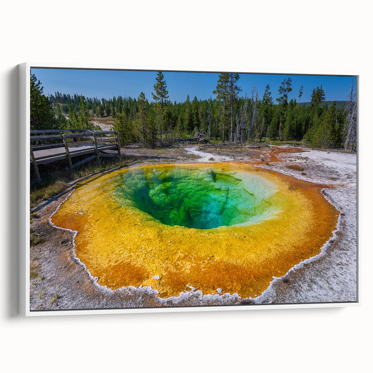 Framed canvas wall art showcasing a vibrant geyser landscape design, featuring rich colors and intricate details, perfect for home decor enhancement.