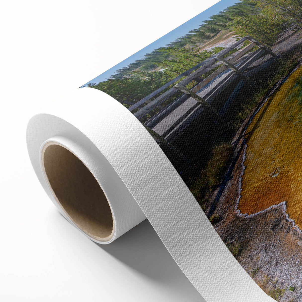 Vibrant rolled canvas featuring a geyser landscape design, showcasing rich colors and intricate details, ideal for enhancing home decor with nature-inspired art.